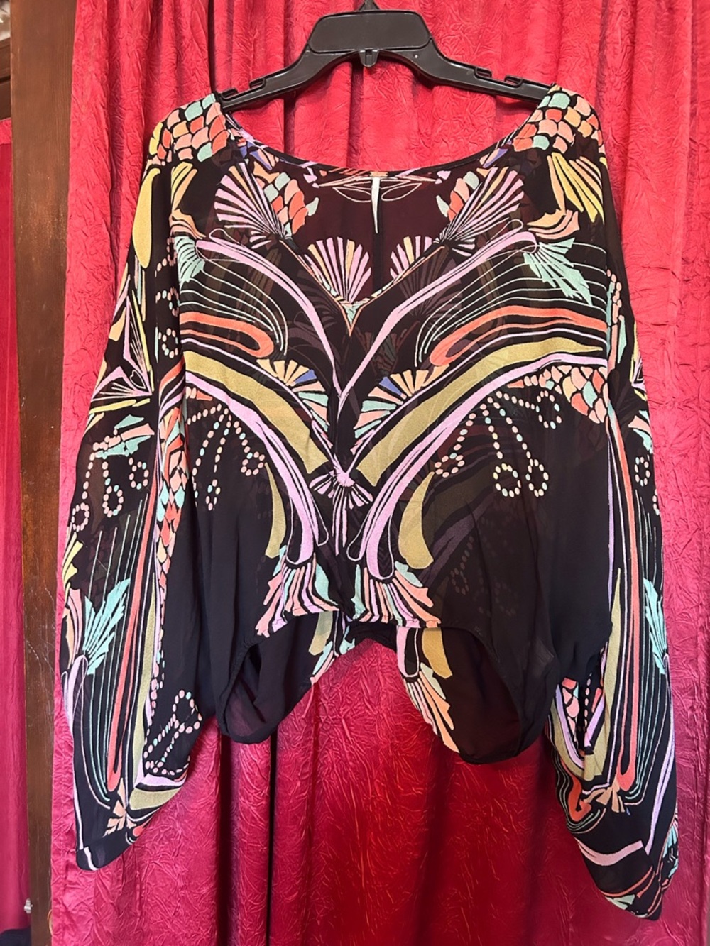 Free People Black Boho Crop Top with Pastel Multicolor Print